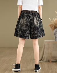 Loose Fit Cat Print Black Denim Shorts