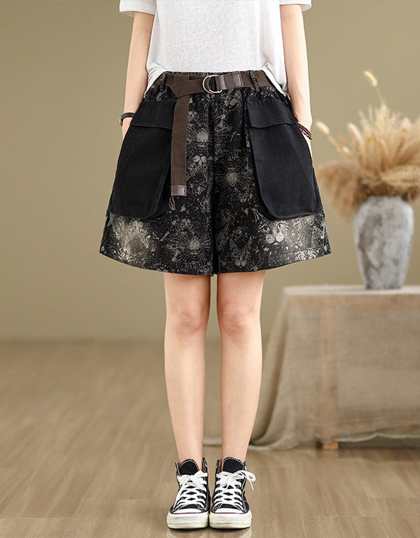 Loose Fit Cat Print Black Denim Shorts
