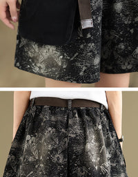 Loose Fit Cat Print Black Denim Shorts