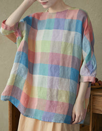 Summer Colorful Plaid Cotton Linen Loose Blouse