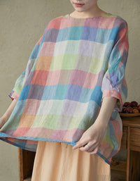 Summer Colorful Plaid Cotton Linen Loose Blouse
