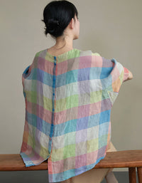 Summer Colorful Plaid Cotton Linen Loose Blouse