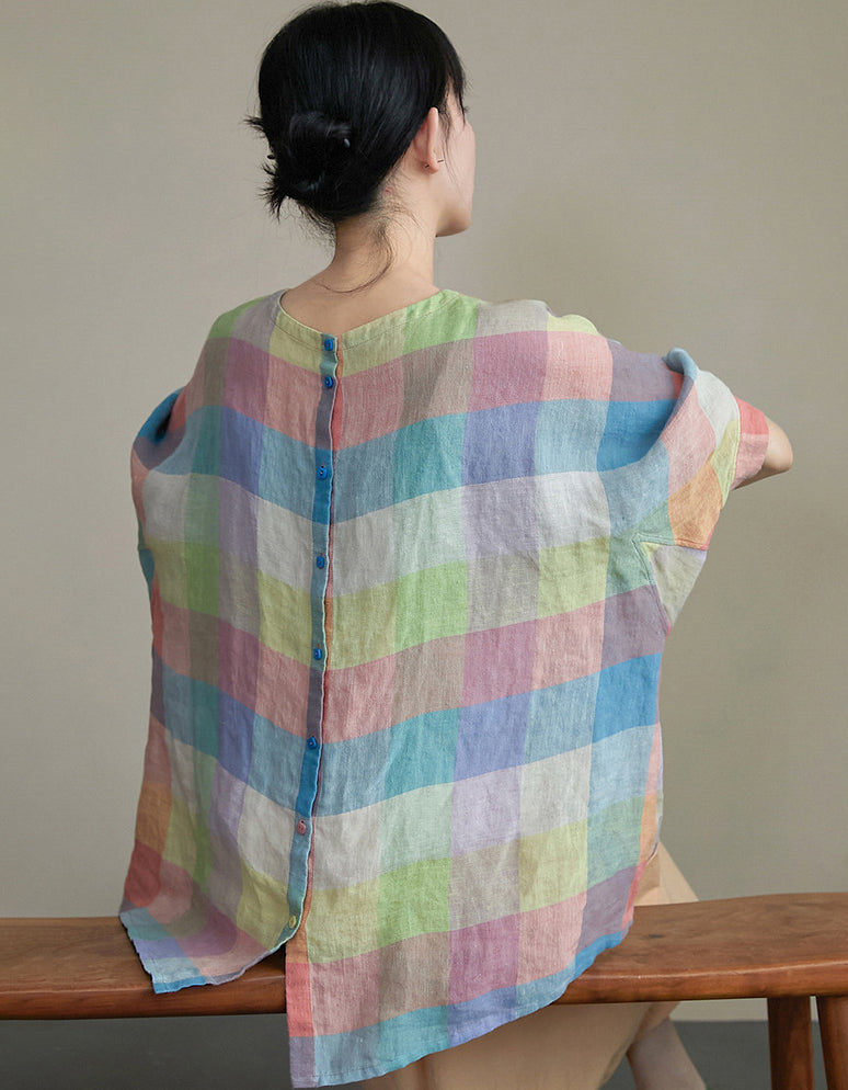 Summer Colorful Plaid Cotton Linen Loose Blouse