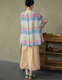 Summer Colorful Plaid Cotton Linen Loose Blouse