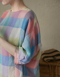 Summer Colorful Plaid Cotton Linen Loose Blouse
