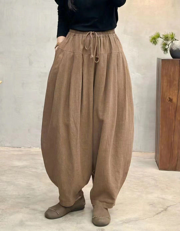 Loose Fit Drawstring Waist Linen Harem Pants