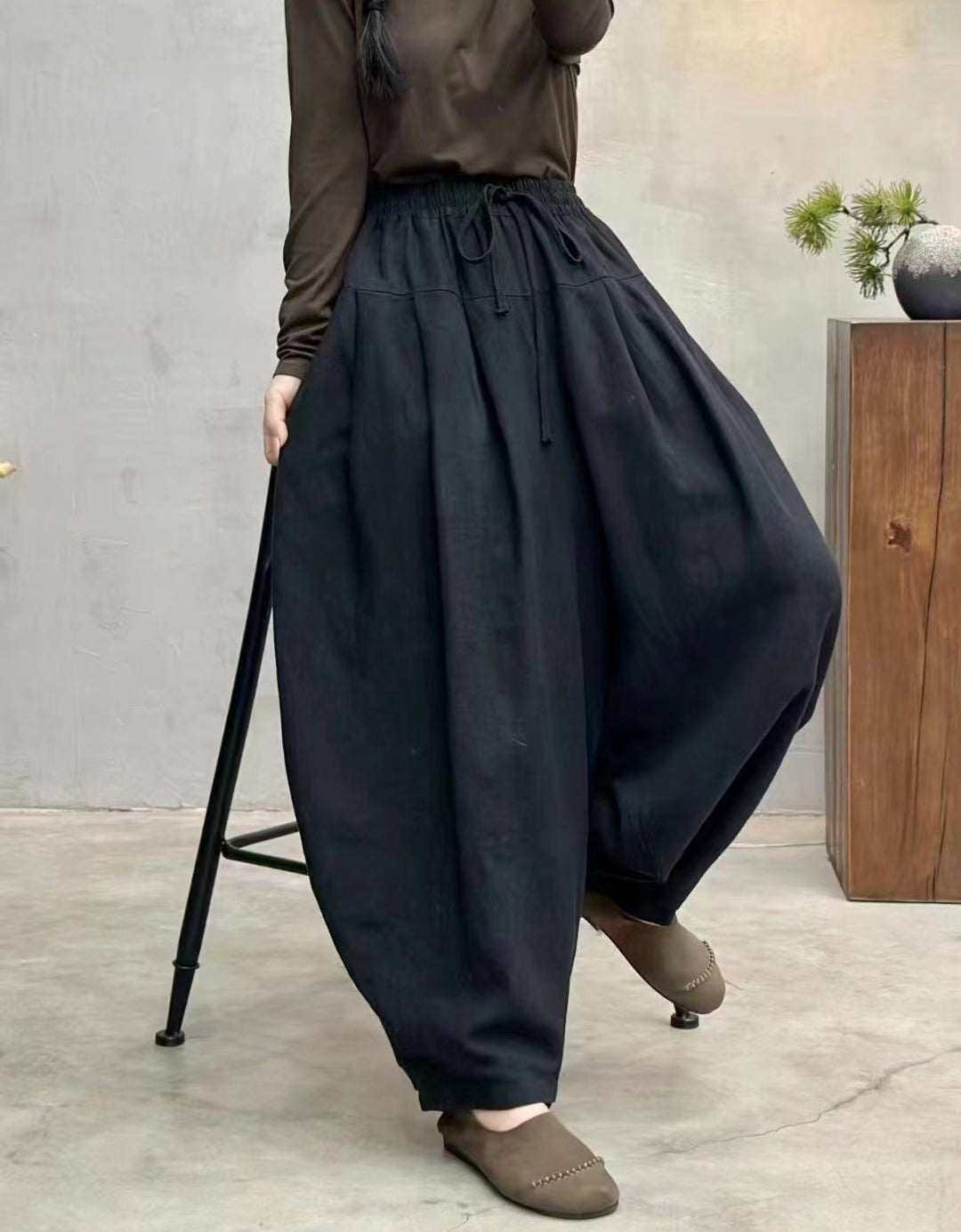 Loose Fit Drawstring Waist Linen Harem Pants