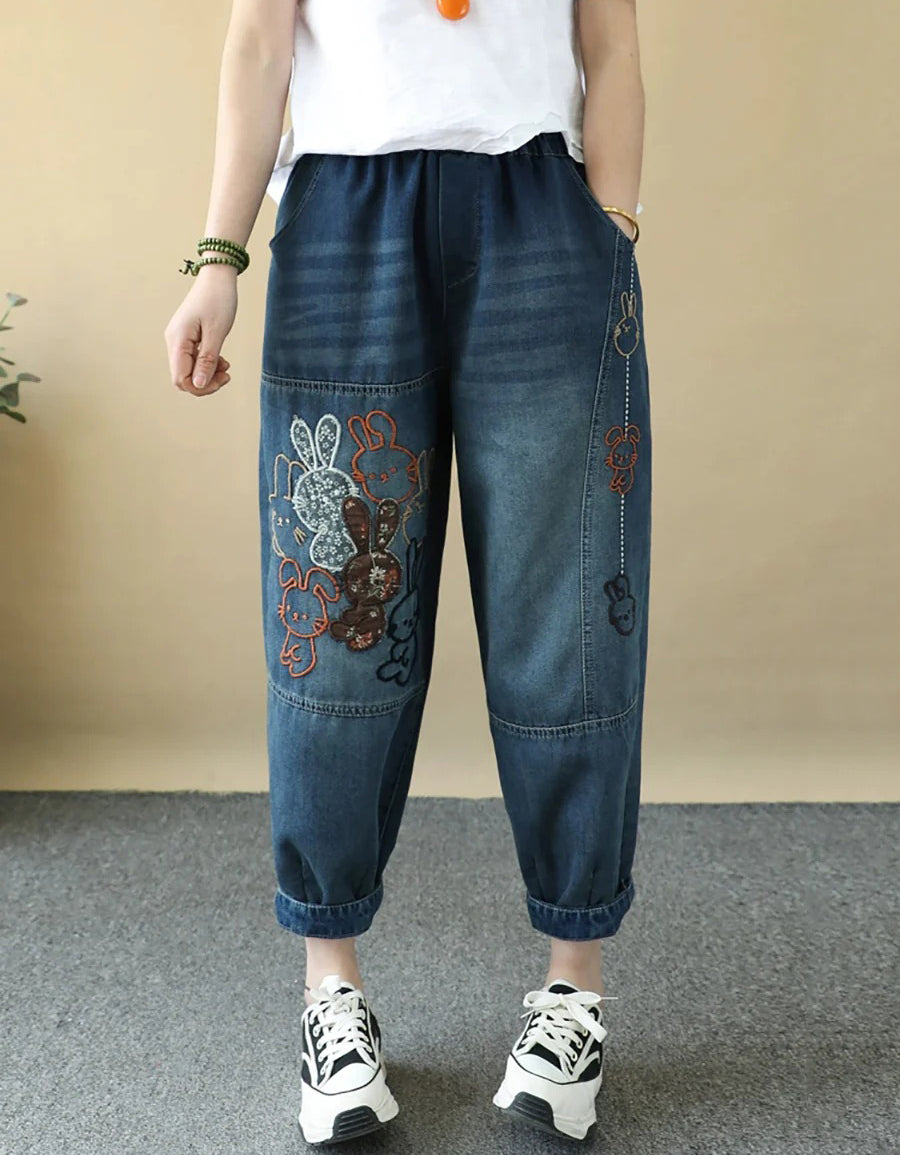 Loose Fit Embroidered Baggy Harem Denim Pants