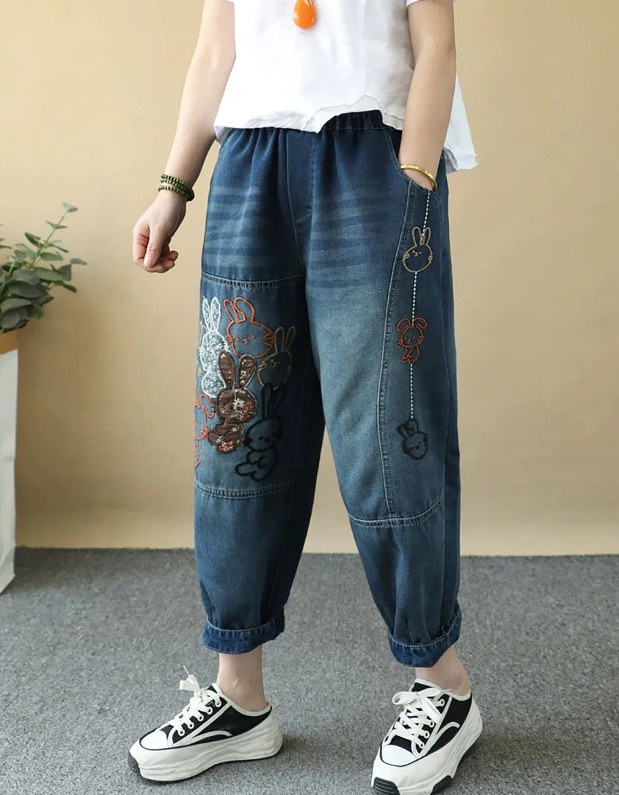 Loose Fit Embroidered Baggy Harem Denim Pants