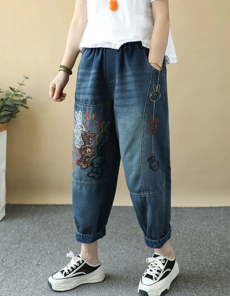 Loose Fit Embroidered Baggy Harem Denim Pants