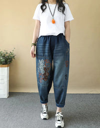 Loose Fit Embroidered Baggy Harem Denim Pants