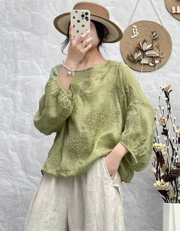 Loose Fit Floral Balloon Sleeve Ramie Blouse