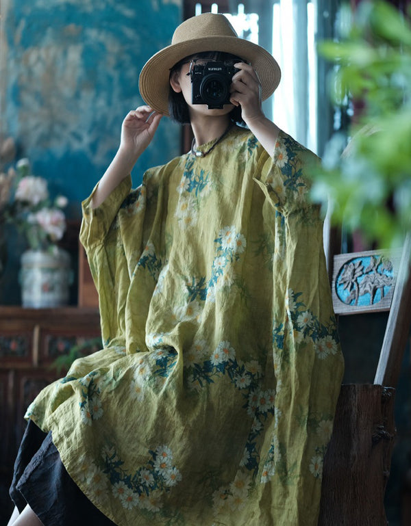 Loose Fit Floral Linen Kaftan Dress