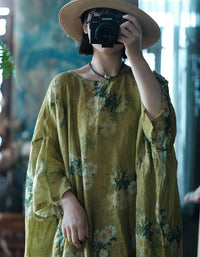 Loose Fit Floral Linen Kaftan Dress