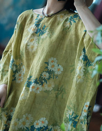 Loose Fit Floral Linen Kaftan Dress