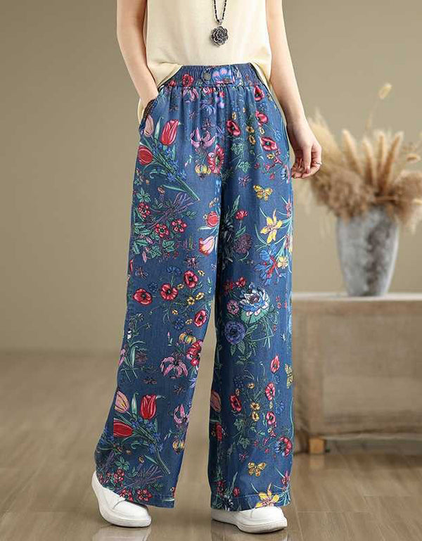 Loose Fit Floral Wide Leg Denim Pants