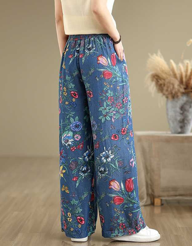 Loose Fit Floral Wide Leg Denim Pants