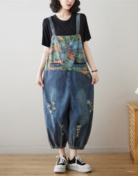 Leaf Print Loose Denim Jumpsuit