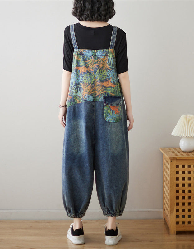 Leaf Print Loose Denim Jumpsuit