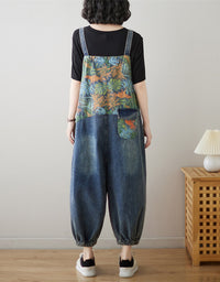 Leaf Print Loose Denim Jumpsuit
