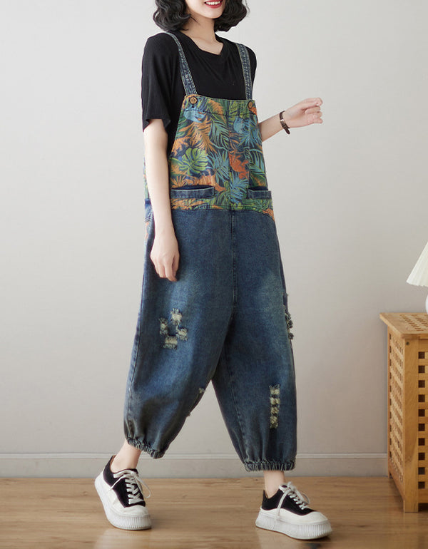 Leaf Print Loose Denim Jumpsuit