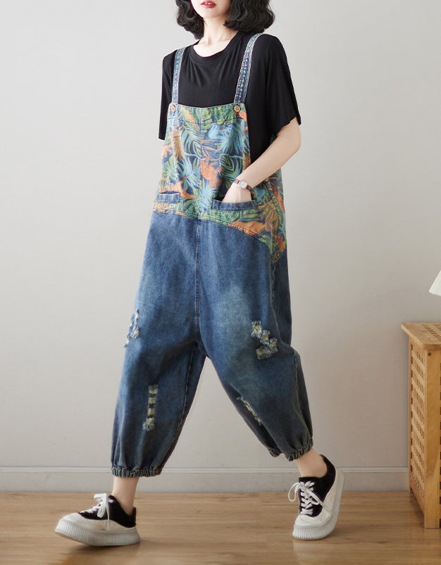 Leaf Print Loose Denim Jumpsuit