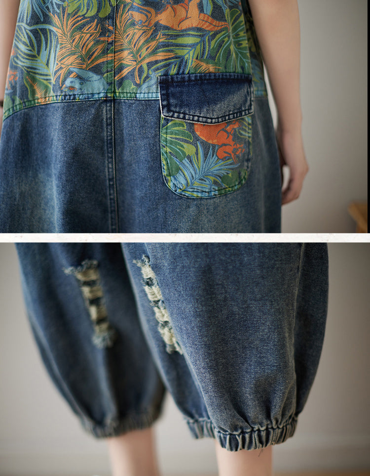 Leaf Print Loose Denim Jumpsuit