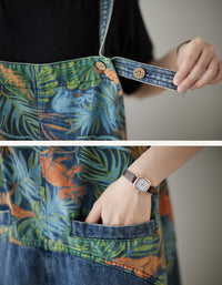 Leaf Print Loose Denim Jumpsuit