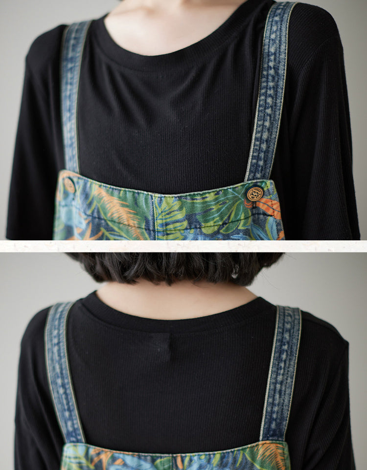 Leaf Print Loose Denim Jumpsuit