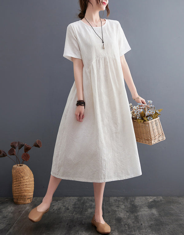 Loose Fit Minimalist Style Cotton Linen Midi Summer Dress