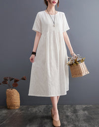 Loose Fit Minimalist Style Cotton Linen Midi Summer Dress