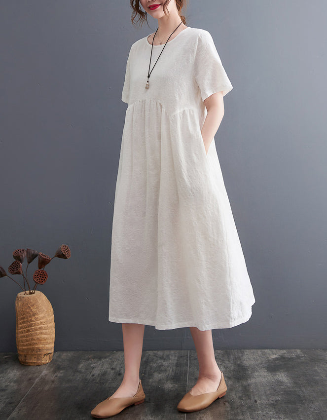 Loose Fit Minimalist Style Cotton Linen Midi Summer Dress