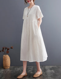 Loose Fit Minimalist Style Cotton Linen Midi Summer Dress