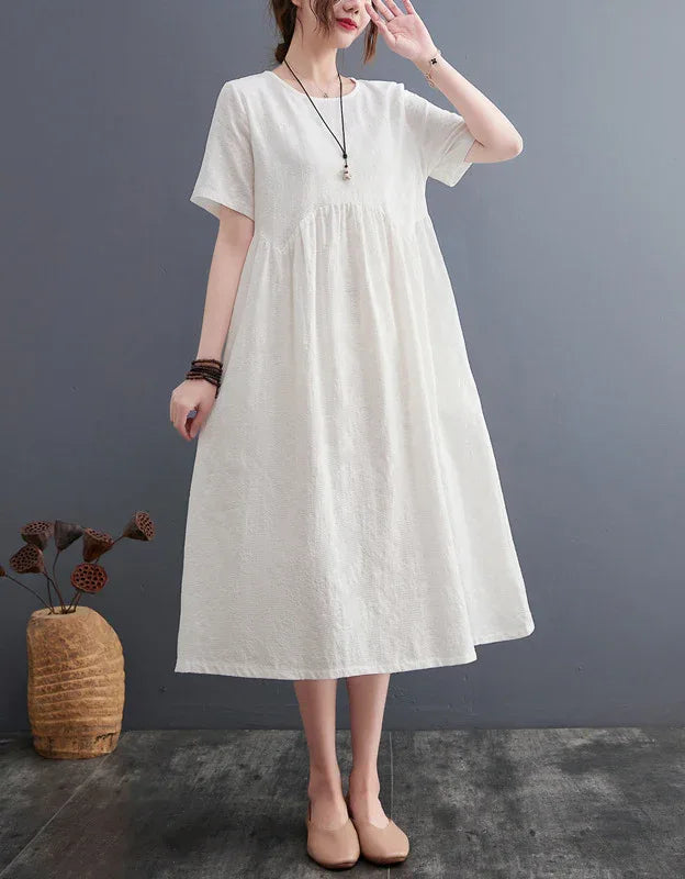 loose fitting midi summer dresses Summer Social Stain Pleated Cutout Waist Loose Midi Dress roschic