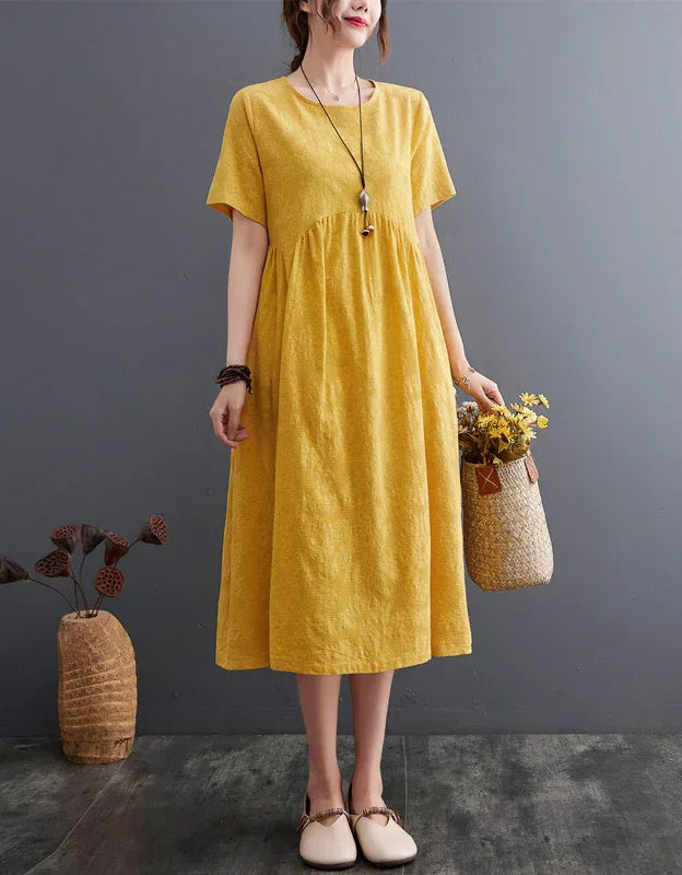 Loose Fit Minimalist Style Cotton Linen Midi Summer Dress – Islinen