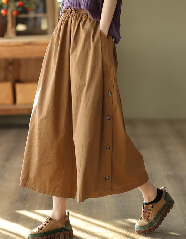Loose Fit Wide-Leg Side Buttons Cotton Linen Pants