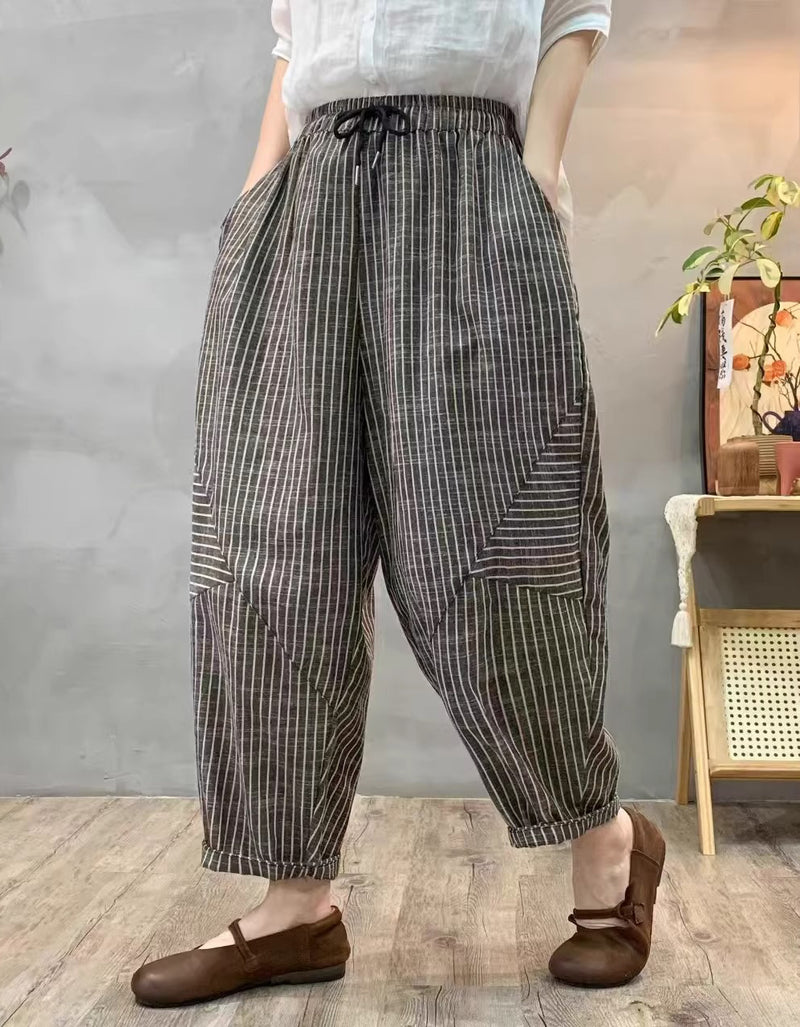 Loose Fit Women’s Striped Cotton Wide Leg Trousers