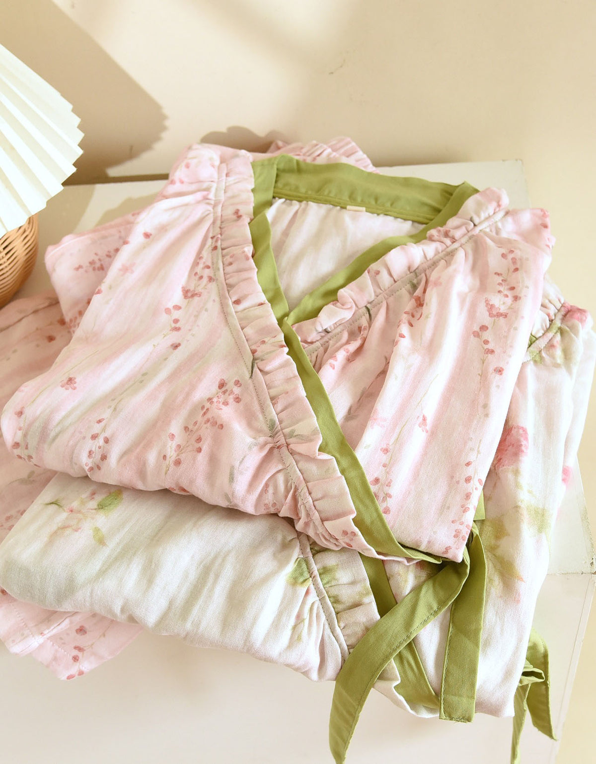 Vintage Floral Cotton Gauze Long Sleeve Kimono Pajama Set