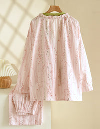 Back View of Loose Floral Cotton Gauze Long Sleeve Kimono Pajama Set