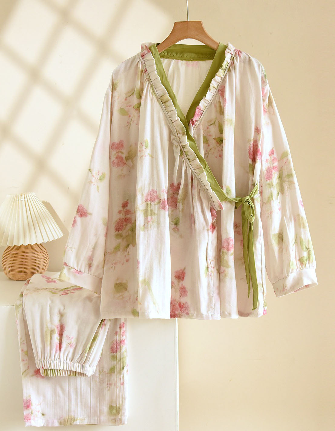 Green Loose Floral Cotton Gauze Long Sleeve Kimono Pajama Set