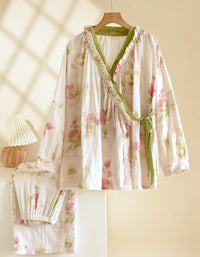 Green Loose Floral Cotton Gauze Long Sleeve Kimono Pajama Set