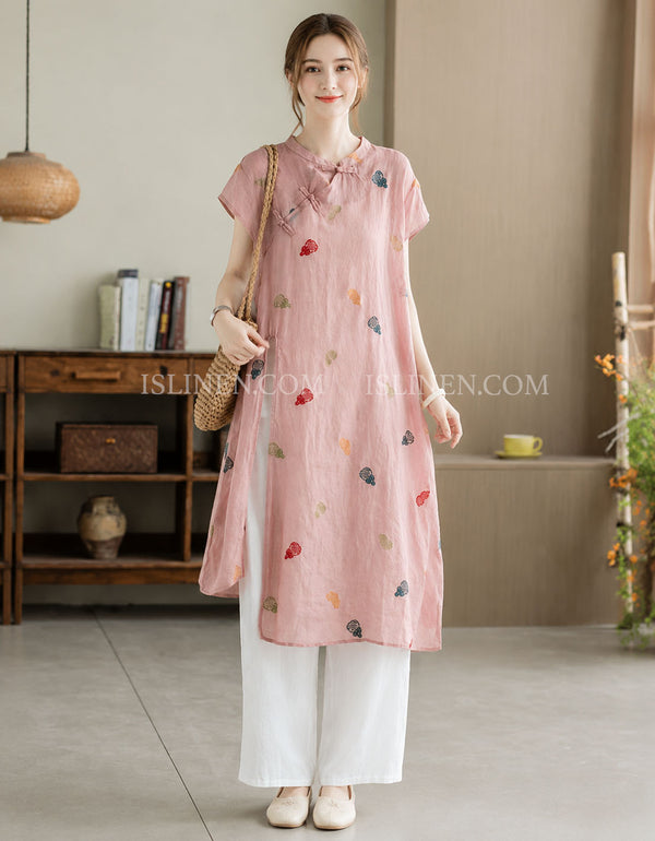 Women's pink linen blend embroidered midi tunic dress with Chinese frog buttons