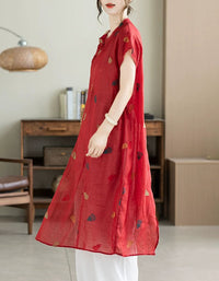Women's Red Linen Embroidered Midi Tunic Dress