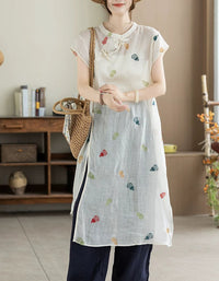 Casual boho embroidered cotton linen dress for everyday wear