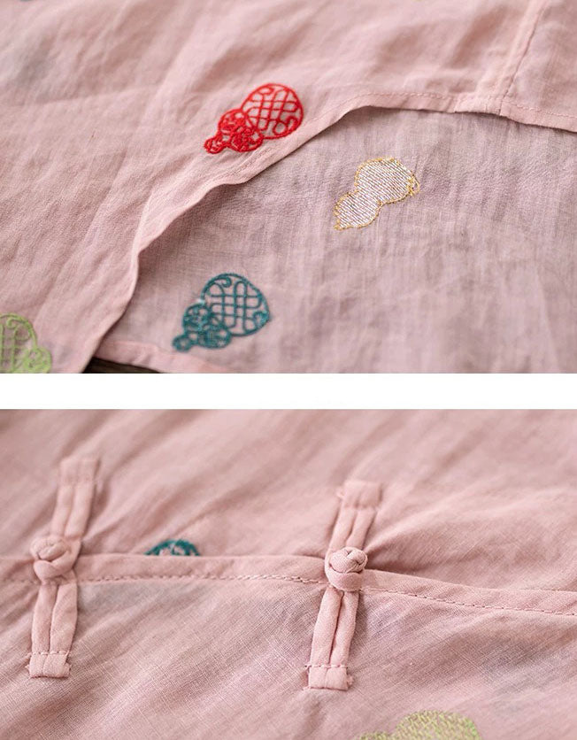 Boho Pink Linen Blend Embroidered Midi Dress