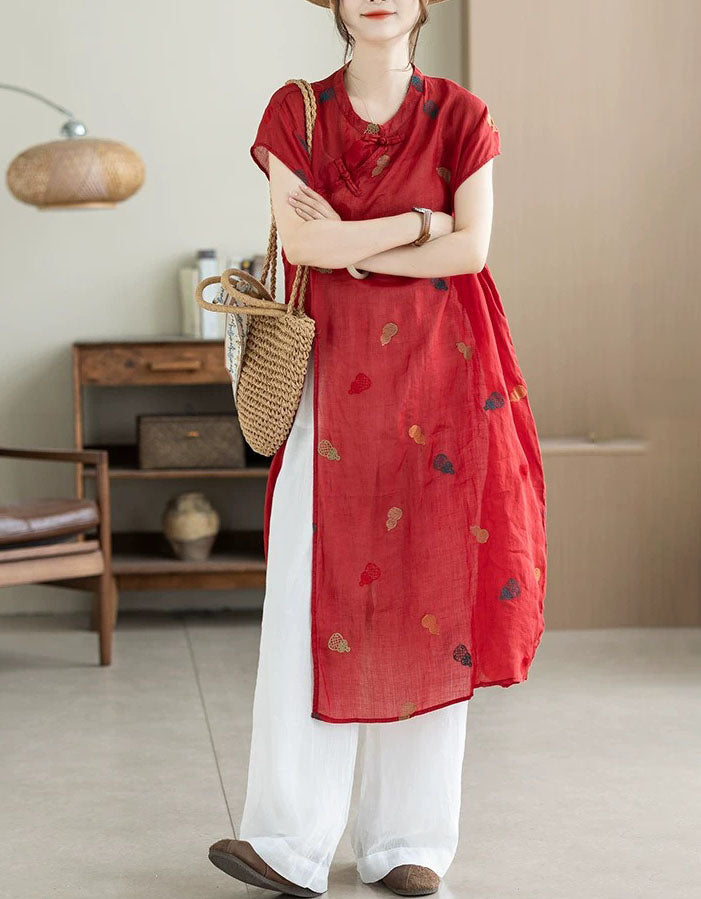 Women's vintage red linen tunic dress styled with white pants