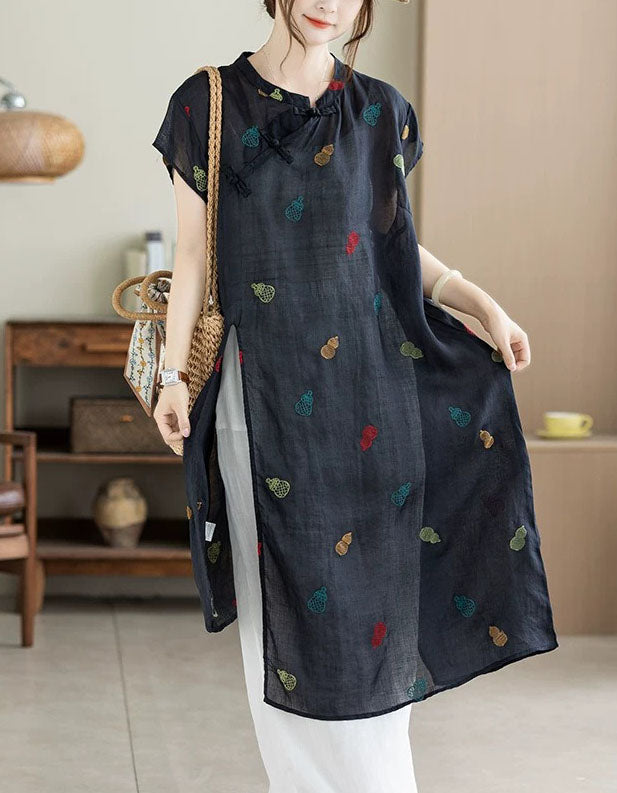 Women's Navy Linen Embroidered Midi Tunic Dress