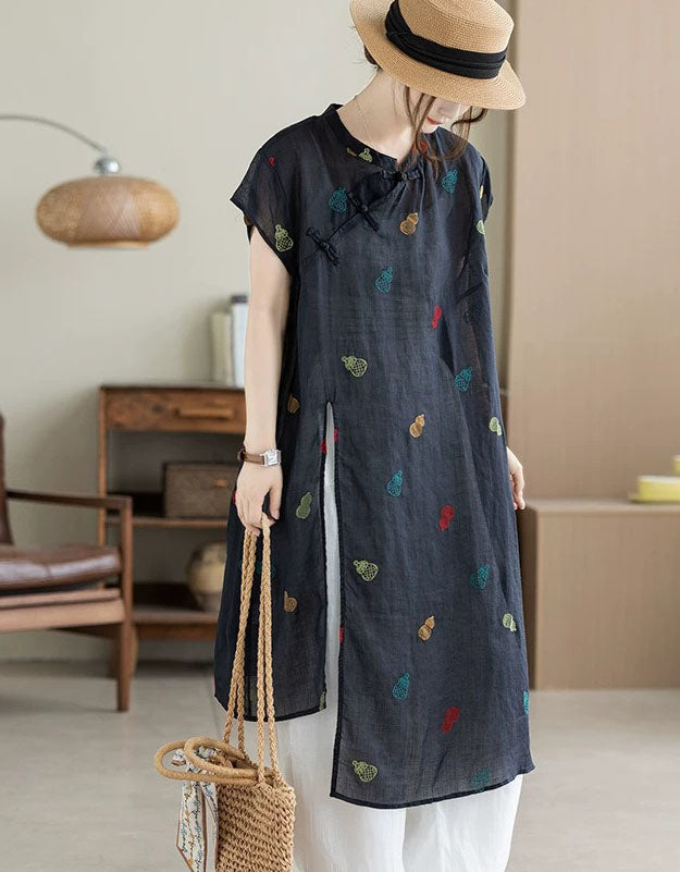 Navy Floral Embroidered Linen Blend Summer Dress