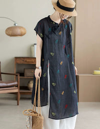 Navy Floral Embroidered Linen Blend Summer Dress