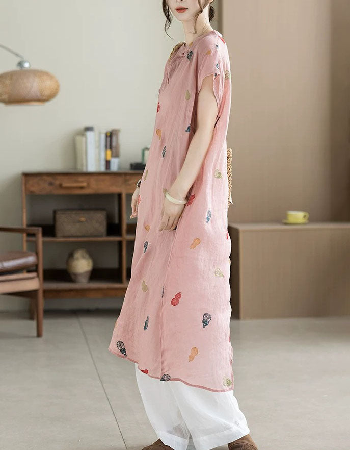 Vintage Pink Linen Embroidered Loose Fit Tunic Dress